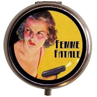 Femme Fatale with Gun Pin Up Pulp Pill Case Box Pinup
