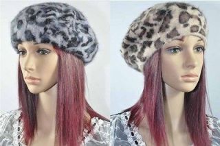Colors Soft Lady Rabbit Fur Chic Leopard Design Ski Beanie Beret Hat