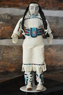 Crow Indian Doll in Buckskin Dress, Native American made and beaded