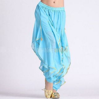 Belly Dance Costume Chiffon Pants Bloomers Gold Wave Sequins Lake Blue