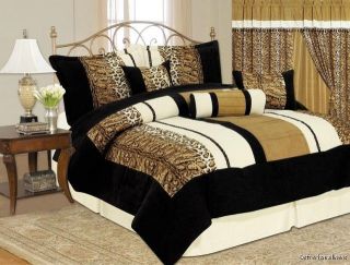 Size King Tan/Black Suede Leopard Cheetah Bed In A Bag Comforter Set