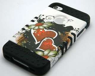 iPhone 4 4S Phone Hybrid Rocker 3in1 Red Heart Flower Hard Case+Black