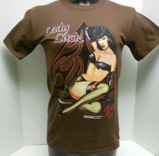 BETTIE PAGE LADY LUCK PHOTO/ARTWORK BROWN T SHIRT