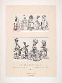 1888 Chromolithogra ph 18th Century France Women Fashion Wig Dress