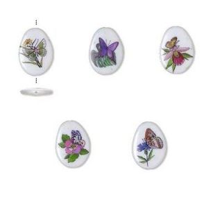 Set of 5 Big Flat Oval Coin Plastic Acrylic Beads With Butterfly