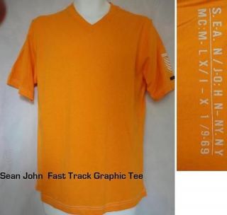 Sean John Men V neck Fast Track Graphic Bright Marigold CottonTee M
