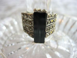 VINTAGE STERLING SILVER BLACK ONYX MARCASITE WIDE CIGAR BAND CATHEDRAL