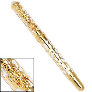 GOLD HOLLOW EMBOSSED WHITE ROLLER BALL PEN w/PEARL ON CAP & CRYSTAL
