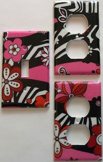 Hot Pink Zebra Stripe Print Flower Light Switch Outlet Girls Bedroom