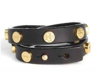 NEW Tory Burch Black Gold Logo Leather Cuff Stud Bracelet VHTF DOUBLE