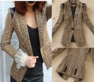 Ladys Vintage OL Blazer Slim Leopard business Suit Jacket Coat