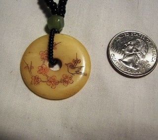 OOAK Engraved Flowers and Bird Circle Pendant Black Bead Chain 15
