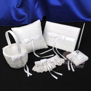 White Satin Lace Embroidery Wedding Guest Book and Pen Pillow Basket