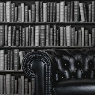 Leather Bookcase Effect wallpaper in Black, Grey & White