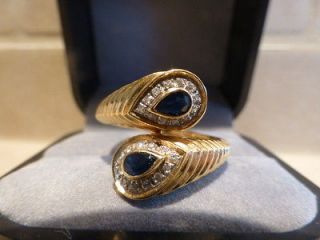 leVian 18k yellow gold blue sapphire diamond ring bypass teardrop 4.8g