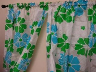 1960s VINYL Pair Bathroom CURTAIN Panels MOD Retro Floral BLUE/GREEN