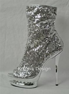 Pleaser Blondie R 1008 silver sequins stiletto dual platform ankle
