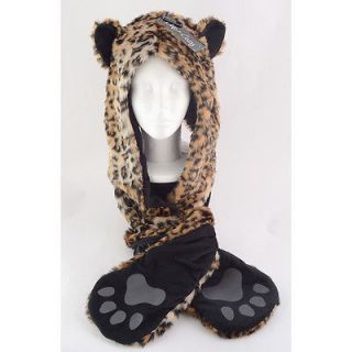 Leopard Animal Faux Fur Hood with Paws and Mittens Ski Winter Snow Hat