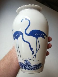 FLAMINGO vase milk glass art deco pink blue bird pressed mild blown