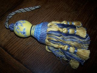 Hand Painted Blue And Gold / Yellow, Tassel Tassle Curtains Blinds