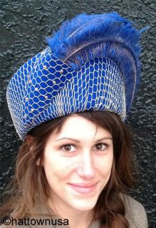 Formal Church Hat Royal Blue Pill Box Gold Wire Net Ostrich Feather