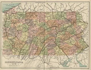 Pennsylvania Map Authentic 1897; showing counties, Cities, Towns