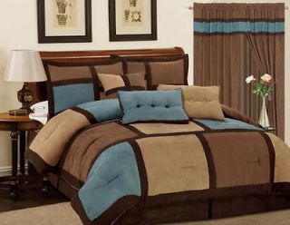 PC Comforter Set Blue Brown Micro Suede Patchwork Queen Size Bed in