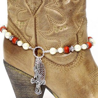 JEWELRY  BOOT CHARM/ANKLET BEADED WESTERN Cross & Feathers