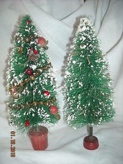 Green Bottle Brush Trees, 9 1/2 & 10 Tall, One is Decorated, Red