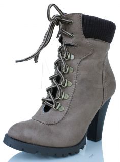Light Taupe Faux Suede Lace up Chunky Heels Combat Bootie Rouge