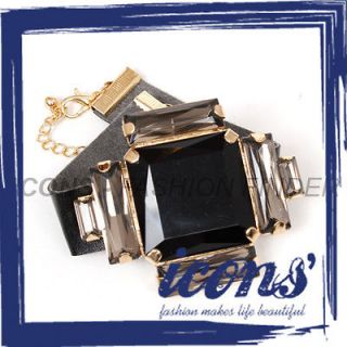 Black Grey Square Stone Bracelet Gold Faux Leather Fashion Vintage