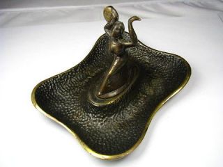 SOLID BRONZE/BRASS ASHTRAY TRAY w/BRASS FIGURINE by Nordia Israel