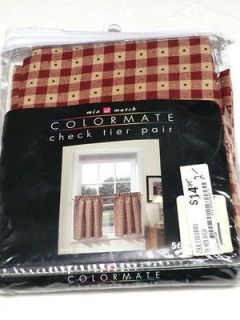 NEW NIP Colormate check tier pair curtains brick red 56 x 24 56 24