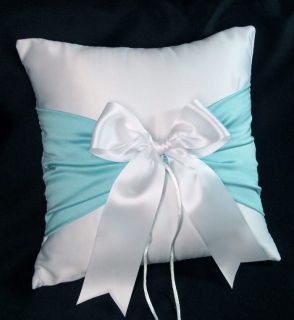 White or Ivory Wedding Ring Bearer Pillow Tiffany Blue Accent