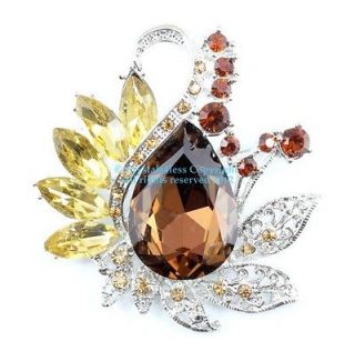 Golden Austrian Rhinestone Crystal Ornate Bridal Wedding Brooch Pin
