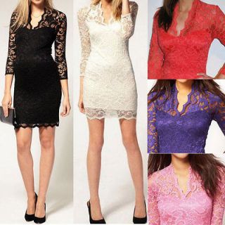 Women Lace Sexy Slim Dress Scalloped V Neck 3/4 Sleeve Cocktail Off