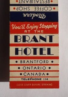 1930s? Matchbook Excise Tax Brant Hotel Telephone 114 Harris Brantford