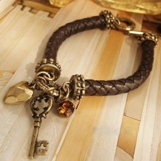 style jewellery brass tone faux leather cord heart key bracelet