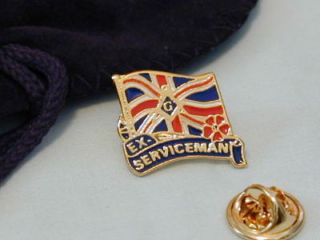 Masonic British Ex Serviceman Flag Poppy Lapel Pin and Gift Pouch