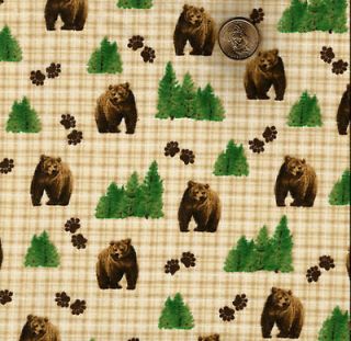 Brown Bear/Paw Prints/Trees on Tan/Brown/Whit e Gingham Flannel*
