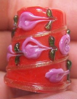 Handmade Lampwork Glass Thimble *Pink Roses on Red* SRA S105