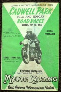 CADWELL PARK SOLO & SIDECAR MOTORCYCLE RACE PROGRAMME 1 JUL 1956