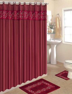 Vines Embroidered 15 Pcs Bathroom Shower Curtain Hooks Bath Rug Set