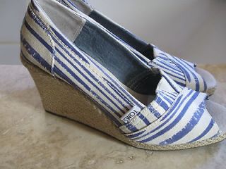 TOMS Blue & White Stripe Calypso Canvas Wedge Heel Womens Size 8.5