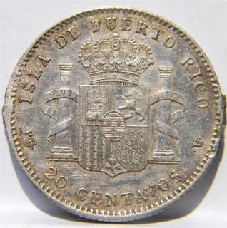 Spanish PUERTO RICO scarce 1895 PGV silver 20 Centavos 1 yr type; AU