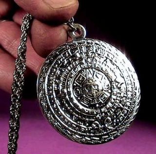 MAYAN AZTEC CALENDAR Engraved Silver Necklet Medallion with woven