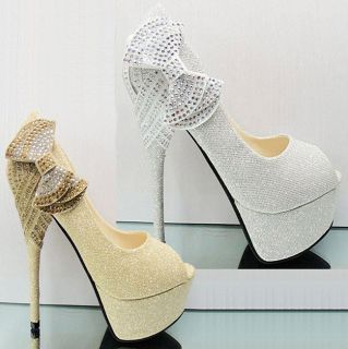 Royal Glitter Crystal Bead Bowknot Heels Platform Open Toe Wedding