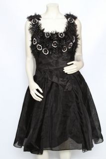 Carolina Herrera Black Corset Feathers Beaded Formal Gown Dress Sz 10