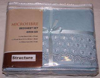 Pale Blue Queen Bed Microfibre Fitted Sheet Set Lace Trim New