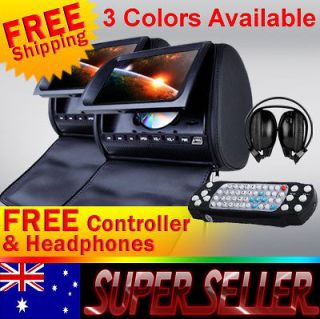 Black Two 9 Car Pillow Headrest DVD Player Radio Monitor+2x